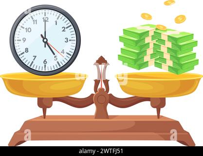 Zeitgeldsaldo. Balancing Waagen vergleichen Finanz- oder Lebenswert, sparen Kosten Geschäft Arbeit Beziehung Wägen Gewicht Wippe Wahl Cartoon Waage Vektor Illustration der Waage Vergleich Waage Stock Vektor