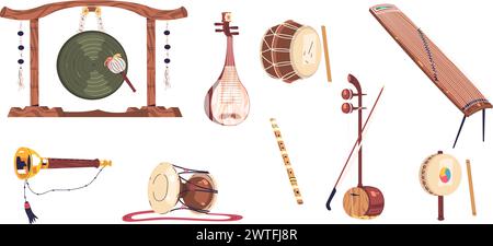 Koreanische Musikinstrumente. Traditionelles Musikinstrument von Korea, Piping Instrumentation für Festival Performance, chinesisches Loquat samulnori Drum gong, klassische Vektor-Illustration von korea Musical Stock Vektor