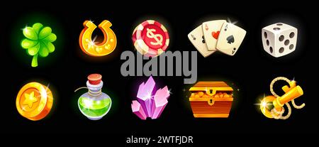 RPG-Spielautomaten. Magische Spielsymbole für mobile Casino Roulette, Cartoon Loot ui Badge Kit alte Schatzwürfel Goldmedaille Magie Glow Edelsteine Videospiele neoterische Vektor Illustration des Spiels Magie App Stock Vektor