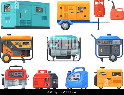 Generatoren Maschinen. Elektrischer Stromerzeuger Dieselgasmotor zur Erzeugung elektrischer Energie, Notfallausrüstung Wartung Lichtmaschine, Vektorillustration von Stromerzeugungsanlagen Stock Vektor