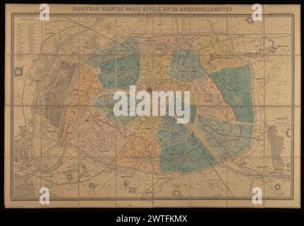 Nouveau Plan de Paris divisé en 20 Arrondissements : dans un rayon de 10 kilomètres / le Plan par CH. Smith, 1860. Smith, CH., Kartograf. 1860 enthält Vallée acht Ausgaben zwischen 1859 und 1884, von denen die ersten fünf Lithographien von Mangeon oder Goyer entstanden. Siehe L. Vallée, Catalogue des Plans de Paris, 1935-1942. Zeigt öffentliche Arbeiten in Bearbeitung oder geplant, die Teil von Haussmanns Umgestaltung von Paris waren. Maßstab nicht angegeben. Auf der Rückseite der Getty-Kopie befindet sich ein achteckiges geätztes Etikett von: Heuguet, marchand d'estampes, Quai Voltaire, 5 et 7, à Paris. Stockfoto