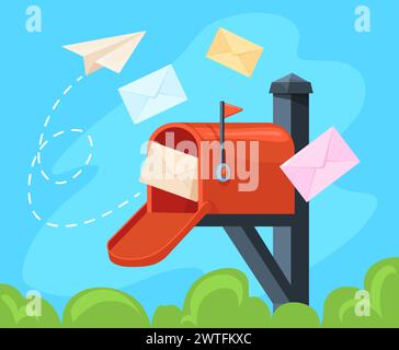 Mailbox-Banner. Cartoon nette Postfachbriefe oder Postkarten, postalischer Newsletter-Service abonnieren, geschäftliche E-Mail-Nachricht senden von Postfach, Briefkasten Vektor Illustration des Fahnes mit Postfachcartoon Stock Vektor