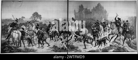 Beginn der Jagd. Baader, Louis-Marie (Französisch, 1828-CA.1919) (entworfen nach) [Maler] Braquenié, Alexandre (Niederländisch (nach 1600), ACT.1856-1885) (Werkstatt) [Weber] Braquenié, Henri (Niederländisch (nach 1600), ACT.1856-1885) (Werkstatt) [Weber] c. 1880 Gobelin Abmessungen: H 184 x B 575' Materialien/Techniken: Baumwolle ? (Kette: 19/Zoll; 7-8/cm); Wolle & Seide (Schussfaden) Kultur: Flämisches Weberzentrum: Mechlin Besitz Geschichte: French & Co. Erhalten von John Bass per Milton [Samuels] 22.04.1960; zurückgegeben am 1964. Vereinigte Staaten, Florida, Miami Beach, Bass Museum of Art, accno. 64.95. I Stockfoto