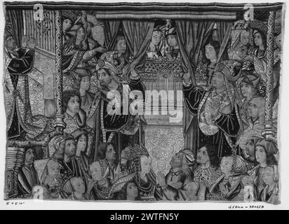 Verherrlichung der Jungfrau Maria. Unbekannt ca. 1500-1510 Gobelin Abmessungen: H 5'10' x B 8' (linke Hälfte des oberen Teils) Gobelin Materialien/Techniken: Unbekannt Kultur: Südholland Besitz Geschichte: Bramshill Chapel; verkauft, London Sotheby's, 13.03.1931. French & Co., gekauft von spanischen Kunstgalerien, fakturiert am 16.03.1931. Schottland, Lanark, Glasgow, Burrell Collection. Inschriften: Inschrift im zentralen Feld auf der Plakette, die vom Menschen gehalten wird rechts von Mitte auf GCPA 0239472: O DULCE MARIA Inscriptions: Inschrift im zentralen Feld auf Banderole gehalten vom Menschen in der unteren Mitte auf GCPA 0239472: [O] PIA Inscri Stockfoto