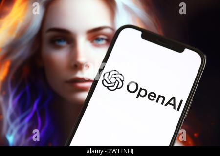 KIEW, UKRAINE - 17. MÄRZ 2024 OpenAI-Logo auf dem iPhone-Display mit Hintergrund der künstlichen Intelligenz futuristischen Ai-generierten Bild Nahaufnahme Stockfoto
