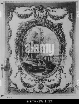 Schäferhund, der die Hirtin umschließt. Unbekannt ca. 1770-1790 Gobelin Materialien/Techniken: Unbekannt Kultur: Französisches Weberzentrum: Aubusson Besitz Geschichte: Französisch & Co. Aufgehängte Medaillons mit Shepherd & Shepherdess (ALENTOUR) Arabesque-Rahmen mit Blumengirlanden und Festoons, gebundenen Bändern dieser Wandteppich wurde von der Gobelins-Serie Les Amours des Dieux nach Boucher, Pierre, Van Loo & Vien inspiriert, mit Alentours, die von Maurice Jacques entworfen wurden. Kein Stock Sheet von French & Co. Im Archiv, keine Best.-Nr. verwandte Werke: Tafeln im Set: 0240361, 0240363, 0240365, 0240367 Stockfoto