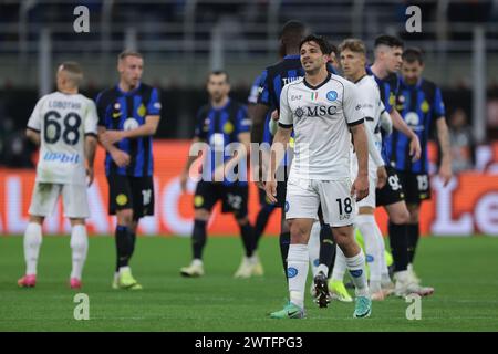 Mailand, Italien. März 2024. Giovanni Simeone vom SSC Napoli reagiert nach dem Unentschieden 1-1 im Spiel der Serie A in Giuseppe Meazza, Mailand. Der Bildnachweis sollte lauten: Jonathan Moscrop/Sportimage Credit: Sportimage Ltd/Alamy Live News Stockfoto