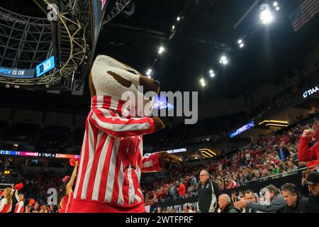 Minneapolis, Minnesota, USA. März 2024. Das Maskottchen der Wisconsin Badgers während des Meisterschaftsspiels zwischen Illinois und Wisconsin während des TIAA Big10 Männer Basketball Turniers 2024 im Target Center in Minneapolis am 17. März 2024. Illinois gewann den Big10-Titel und besiegte Wisconsin von 93 bis 87. (Kreditbild: © Steven Garcia/ZUMA Press Wire) NUR REDAKTIONELLE VERWENDUNG! Nicht für kommerzielle ZWECKE! Stockfoto