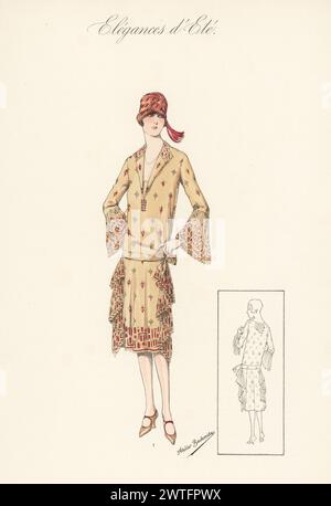 Flapper in Cloche-Hut und Kleid aus besticktem Twill mit Plisseekragen, Rüschen am Ärmel und Drapierung. Handkolorierte Lithographie von Atelier Bachwitz von Modell-Kleider fur den Hochsommer, Elegances d’Ete, Moden for the Hot Season, Atelier Bachwitz AG, Wien, 1926. Stockfoto