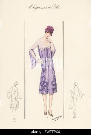 Flapper im Sommeroutfit, 1926. Mit Cloche Hut, Kleid aus lilafarbenem Krepp georgette. Handkolorierte Lithographie von Atelier Bachwitz von Modell-Kleider fur den Hochsommer, Elegances d’Ete, Moden for the Hot Season, Atelier Bachwitz AG, Wien, 1926. Stockfoto