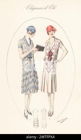 Flappern in Cloche-Hüten und Sommeroutfits, 1926. Kleid aus Seidenkrepp mit Blumenmuster und Clutch-Geldbörse 5, Pullover aus gemustertem und einfarbigem China-Krepp 6. Handkolorierte Lithographie von Atelier Bachwitz von Modell-Kleider fur den Hochsommer, Elegances d’Ete, Moden for the Hot Season, Atelier Bachwitz AG, Wien, 1926. Stockfoto