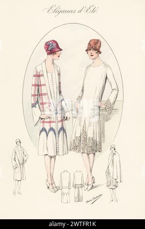 Flappern in Cloche-Hüten und Sommeroutfits, 1926. Kleid aus einfarbigem und kariertem Irana-Stoff (L), Kleid aus Crepe de Chine mit Spitzenbesatz (R). Handkolorierte Lithographie von Atelier Bachwitz von Modell-Kleider fur den Hochsommer, Elegances d’Ete, Moden for the Hot Season, Atelier Bachwitz AG, Wien, 1926. Stockfoto