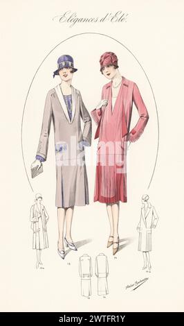 Flappern in Cloche-Hüten und Sommeroutfits, 1926. China-Crepé-Kittel mit Kragen und Plastron aus hellem Seidenkrepp 13, Georgette-Kleid mit Bändern aus schattiertem Satin 14. Handkolorierte Lithographie von Atelier Bachwitz von Modell-Kleider fur den Hochsommer, Elegances d’Ete, Moden for the Hot Season, Atelier Bachwitz AG, Wien, 1926. Stockfoto