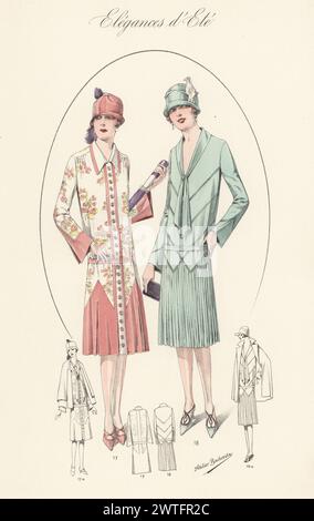 Flappern in Cloche-Hüten und Sommeroutfits. Kleid und Kapsel aus Krepp-Satin, gestickt mit Seidenkrepp 17, Kleid mit Plissee-Rock aus Krepp de Chine 18. Handkolorierte Lithographie von Atelier Bachwitz von Modell-Kleider fur den Hochsommer, Elegances d’Ete, Moden for the Hot Season, Atelier Bachwitz AG, Wien, 1926. Stockfoto