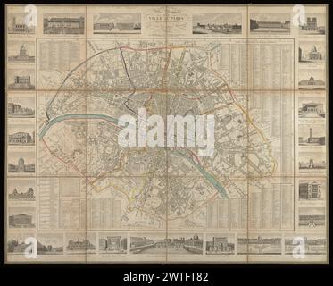 Nouveau Plan routier de la ville de Paris : revu et corrigé en 1829 : orné de ses principaux Monuments, 1829. [1829] Plan begrenzt von 28 (nicht 29) Ansichten wichtiger Gebäude und anderer Gebäude, mit Titelfeld oben in der Mitte. Skalenbalken in Metern und Toises. Einschließlich Straßenindizes und Division de la Ville de Paris. Grenzen von Arrondissements in Farbe nachvollzogen. Skalieren Sie ca. 1:15.000. Index: Vallée, L. Catalogue des Plans de Paris, 1876. Stockfoto