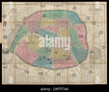 Nouveau Plan illustré de la ville de Paris : avec le système complet de ses Fortifications et Forts détachés, et les nouvelles Divisions en 20 Arrondissements / dressé par A. Vuillemin, géographe ; illustré par A. Testard et gravé par Taylor; gravé sur acier par Bénard, 1863. Vuillemin, A. (Alexandre), 1812-, Kartograph. [1863] Vallée führt eine Ausgabe von 1860 auf, aber nicht die vorliegende Ausgabe. In sieben Editionen zwischen 1844 und 1852 sind noch heute die Vorstadtgemeinden aufgeführt, die 1860 zu neuen Arrondissements wurden. Siehe: L. Vallée, Catalogue des Plans de Paris, 3181-87, 3577. Enthält Index der Straßen, Stockfoto