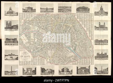Plan routier de la ville de Paris, Divisé en douze arrondissemens, 1833. 1833 L. Vallée zitiert spätere Ausgaben in den Jahren 1835 und 1837 (Les Plans des Paris, Nr. 801, 802). Titelbereich oben rechts. Alphabetischer Straßenindex, indiziert auf geradlinige Quadrate mit der Beschriftung horizontal A-H und vertikal 1-6. Plan innerhalb der Grenze 40,3 x 58,3 cm, umgeben von 18 Ansichten der wichtigsten Gebäude am Rand: Chambre des Députés, Tuileries, Louvre, Bourse, Invalides, St. Sulpice, Palais Royal, Hotel de Ville, Place du Châtelet, Porte St. Martin, Observatoire, Château'Eau, Porte St. Denis, Place Vendôme, ecole Militaire, Luxem Stockfoto