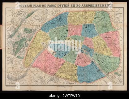 Nouveau Plan de Paris divisé en 20 Arrondissements / gravé par L. Sonnet, 1887. Sonett, L., Graveur. 1887 gefalteter Plan, montiert auf S. [3] der Abdeckplatte (rotes texturiertes Tuch mit vergoldetem Titel, das das Pariser Wappen enthält). Plan liniert in Quadraten mit der Aufschrift A-N, 1-9, nach dem auf S. [2] des Umschlags montierten Letterpress Street Index, mit dem Titel: Table analytique des rues de Paris avec l'Indication de leur Emplacement. Arrondissements handgefärbt. Editionsanweisung: Maßstab nicht angegeben. Stockfoto