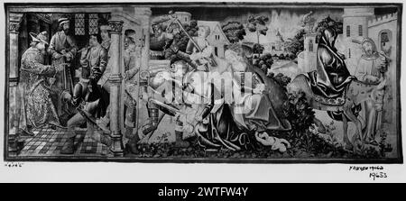 Jugend Christi: Massaker an Unschuldigen und Flug nach Ägypten. Unbekannt ca. 1480-1500 Wandteppich Abmessungen: H 4'6' x B 11'4' Wandteppich Materialien/Techniken: Wolle & Seide Kultur: Südholland Besitz Geschichte: Kathedrale von Bayeux. G. Hoentschel Coll. J. Pierpont Morgan Coll. French & Co. Gekauft von J. P. Morgan Coll., n.d. [ca. 1918 ?]; verkauft an Clarence H. [Hungerford] Mackay 15.1921. Clarence Hungerford Mackay Coll. (Vor 1925). Vereinigte Staaten, South Carolina, Greenville, Bob Jones University Collection of Sacred Art Innerhalb des architektonischen Gebäudes gibt König Herodes Befehle Stockfoto