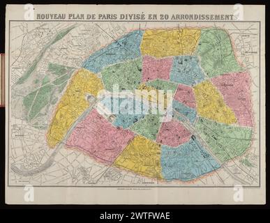 Nouveau Plan de Paris divisé en 20 Arrondissements / gravé par L. Sonnet, ca. 1880. Sonett, L., Graveur. [Ca. 1880?] Kein Veröffentlichungstermin, aber vermutlich vor einer Ausgabe mit dem Namen Lefèvre in der gleichen Form wie der heutige Plan, aber mit dem Datum 1883. Die Ausgabe von 1887 trägt Théodore Lefèvre & Cie, die Ausgabe von 1890 Librairie Théodore Lefèvre et Cie. Gefalteter Plan, montiert auf S. [3] der Abdeckplatte (rotes texturiertes Tuch mit vergoldetem Titel, das das Pariser Wappen enthält). Plan liniert in Quadraten mit der Aufschrift A-N, 1-9, nach Letterpress Street Index, montiert auf S. [2] von Co Stockfoto