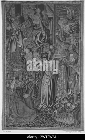 Christus als Erlöser als Kind. Unbekannt ca. 1510-1515 Wandteppich Abmessungen: H 12'1' x B 17'10' Wandteppich Materialien/Techniken: Unbekannt Kultur: Südniederländische Besitzgeschichte: Demotte Coll. Schutzkoll. French & Co. Gekauft von A. J. Kobler, Rechnungsstellung 15/1927 [SS 15406]. Verkauft an J. [Jesse] I. Strauss, n.d. [SS 31523]. Linke Seite des Wandteppichs [GCPA 0239383] Geschenk an das Museum von Frau Felix M. Warburg. Rechte Seite des Wandteppichs (GCPA 0239380:0239381) Geschenk an das Museum von Jesse I. Strauss. Usa, Massachusetts, Cambridge, Fogg Art Museum. Inschriften: Inschrift im Mittelfeld, auf Band Stockfoto