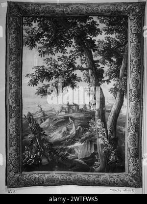 Landschaft mit Haubenvogel. Unbekannt ca. 1675-1725 Gobelin Abmessungen: H 8 x B 6' Gobelin Materialien/Techniken: Unbekannt Kultur: French Weaving Center: Aubusson Besitz Geschichte: French & Co. Erhalten von W. C. Durant, fakturiert am 16.11.1933; zurückgegeben am 7.04.1934. Großer Haubenvogel auf niedrigem Ast, flankiert von Baumstamm (L) und Stück weißem Tuch, das in der Nähe eines großen Baumes mit kleinem Vogel (R) am Boden hängt; Bauernhaus im Hintergrund & Berge in der Ferne (BRD) Bilderrahmen mit rechteckigen Rahmen, die Blumenköpfe mit Gittermuster umschließen, abwechselnd mit stilisierten Akanthusblättern Stockfoto