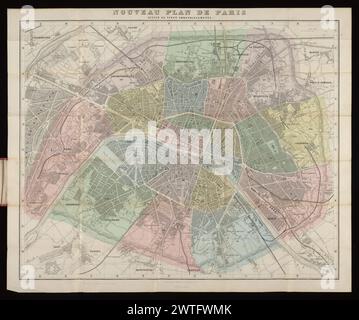 Nouveau Plan de Paris divisé en vingt Arrondissements / dressé par Vuillemin; gravé par E. George, Anfang der 1860er Jahre Vuillemin, A. (Alexandre), 1812-, Kartograph. [Anfang der 1860er Jahre] veröffentlicht zwischen der Aufnahme zusätzlicher Arrondissements Anfang 1860 und der Veröffentlichung eines zugehörigen Plans mit zusätzlichen Merkmalen, der Vallée auf das Jahr 1862 datiert. Siehe: L. Vallée, Catalogue des Plans de Paris, 3173. Skalenbalken von 1000 Metern oben rechts. Liniert in Quadraten mit der Aufschrift A-L und 1-11, nach dem von CH. Lahure gedruckten Letterpress Street Index. Arrondissements handgefärbt. "Les lignes en points longs indiquent l Stockfoto