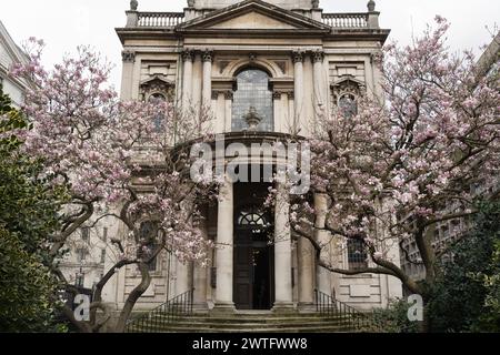 Neoklassizistisches Gebäude der St Mary le Strand Church in London, England, eingerahmt von Magnolienbäumen in Blüte Stockfoto