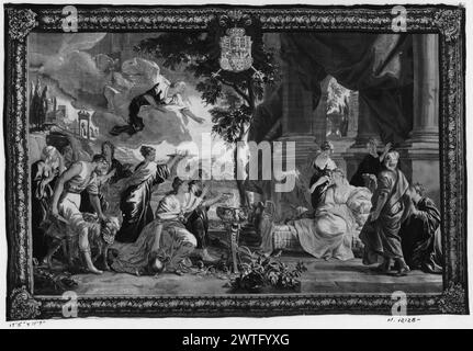 Die Psyche, die als Göttin verehrt wird, befällt den Wut der Venus (Aphrodite). Orley, Jan van (Flämisch, 1665-1735) (Autor von Design) [Zeichner] Hecke, Peter van den (Flämisch, ACT.1711-1752) (Werkstatt) [Weber] c. 1720-1750 Gobelin Abmessungen: H 11'7' x B 17'5' Gobelin Materialien/Techniken: Unbekannt Kultur: Flämisches Weberzentrum: Brüsseler Besitz Geschichte: Französisch & Co. Laut Philbrook-Katalog befand sich dieses Panel möglicherweise 1935 in München. Besitzer unbekannt. Verwandte Arbeiten: Panels im Set: GCPA 0240893-0240897; stilistisch ähnliches Set (entworfen von Jan van Orley & mit gleichem Randdesign) GCPA 02 Stockfoto