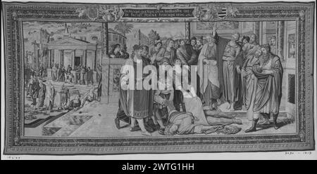 Ananias, von St. Peter, fällt herunter und stirbt. Kempener, Peter de (Niederländisch (vor 1600) - Flandern, B.1503-d.1580) (entworfen nach) [Maler] Ghieteels, Frans (Niederländisch (vor 1600) - Flandern, ACT.1561-1581) (Werkstatt) [Weber] ca. 1556-1567 Ghieteels Abmessungen: H 9 x B 18'6' 6' Wandteppich Materialien/Techniken: Wolle und Seide; Metallfaden (Silber) Kultur: Flemish Weberei National Cathedral School, Washington, D.C. Französisch & Co. Verkauft bei Sotheby's/Parke-Bernet Galleries, New York, 18.06.1976. Abbey of St. Peter, Gent (Sint Stockfoto