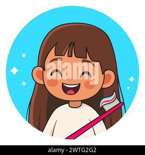 Das lachende Mädchen putzt sich die Zähne. Trainingskarte für Kinder. Poster für die Zahnmedizin. Vektorillustration im Cartoon-Stil. Stock Vektor