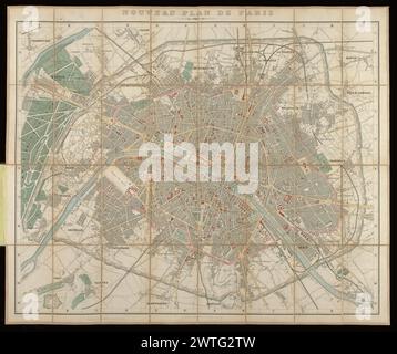 Nouveau Plan de Paris / dressé par Vuillemin; gravé par E. George, 1857. Vuillemin, A. (Alexandre), 1812-, Kartograph. [1857?] Vallée listet eine Ausgabe von 1855 mit verschiedenen Druckern auf (L. Vallée. Catalog des Plans de Paris, 3174). Getty-Kopie auf dem vorderen freien Endpapier mit der Inschrift „Recol 22 avril 1857“, die 1857 als ungefähres Veröffentlichungsdatum andeutet. Gefalteter Plan, montiert auf S. [3] eines mit strukturiertem Büchertuch überzogenen und vergoldeten Etuis. Wappen von Paris auf dem vorderen Umschlag in rot, grün, schwarz und vergoldet. Buchdruckverzeichnis der Straßen usw. gedruckt von CH. Lahure. Maßstab nicht angegeben. Stockfoto