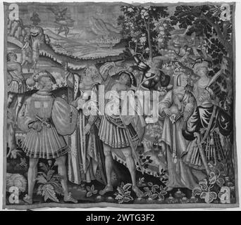 Hawking Party. Unbekannt ca. 1625-1650 Gobelin Abmessungen: H 7'8' x B 8'10' Gobelin Materialien/Techniken: Unbekannt Kultur: Flämisches Weberzentrum: Unbekannt Besitz Geschichte: Herzogin de Tallyrand Coll. French & Co. Gekauft vom National Trust for Historical Preservation 7/21/1965 [ebenfalls Listen: 1/12/1966]. In der Landschaft, eine Gruppe von Damen und Herren auf der Jagd nach Vögeln mit Falken/Falken; eine Gruppe von Bauern, die in den Hintergrenzen ruhen, fehlt. French & Co. Stock Sheet im Archiv, J-290 Stockfoto