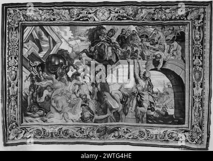 Schlacht von der Milvischen Brücke. Rubens, Peter Paul (Flämisch, 1577–1640) (Autor des Designs, Cartoon-Schöpfer) [Maler] Maecht, Philipp de (Flämisch, Act. 1605-1652, d. bef.1655) (Werkstatt) [Weber] Tayer, Hans (Flämisch, ACT. CA.1619) (Werkstatt) [Weber] c. 1623-1625 Gobelin Abmessungen: H 16'2' x B 24'2,5' Gobelin Materialien/Techniken: Leinen (Kette: 28/Zoll); Wolle, Seide mit Silber- und Gold-Metallfaden (Schuss) Kultur: Französisches Weberzentrum: Paris Besitz Geschichte: Barberini Coll. (Rom). Corsini Coll., 1907. Private Zusammenstellung (London), 1924. French & Co. Kaufte aus dem Anwesen von Rosa Lewis, erhielt Stockfoto
