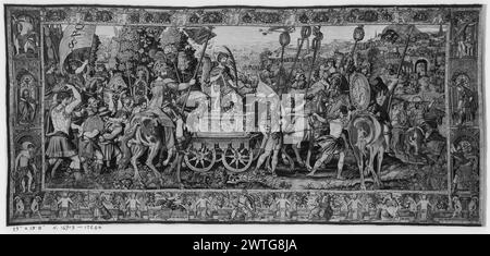 Triumph von Scipio mit Gefangenen. Giulio Romano (italienisch, 1492/99-1546) (entworfen nach) [Maler] Mattens, Jan (Niederlande (nach 1600), ACT.1613-d.1633/34) (Werkstatt) [Weber] ca. 1580-1600 Gobelin Abmessungen: H 13'8' x B 29' Gobelin Materialien/Techniken: Unbekannt Kultur: Flämisches Weberzentrum: Brüsseler Besitz Geschichte: Herzog von Sexten Coll., Madrid. French & Co, gekauft von W. Elkins, Rechnungsstellung 7/3/1931; Verkauf an William Randolph Hearst 5/10/193[4]. USA, Kalifornien, San Simeon, Hearst San Simeon Historical Monument, Akno. 529-9-101. Inschriften: Stadtzeichen auf der Unterwache [p Stockfoto