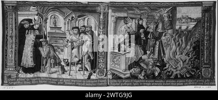 Das Leben von St. Augustine. Unbekannt ca. 1530-1550 Gobelin Abmessungen: H 5'5' x B 14' Gobelin Materialien/Techniken: Unbekannt Kultur: Flämisches Weberzentrum: Unbekannt Besitz Geschichte: Französisch & Co. Inschriften: Inschrift im zentralen Feld auf dem Thron rechts von der Mitte: SANTE AVG Inschriften: Inschrift im zentralen Feld auf Banderole unten links Inschriften: Inschrift im zentralen Feld auf Banderole unten rechts Szene geteilt in der Hälfte durch Spalte; links, in Kapelle, St. Augustine Seeing Poor & Sick; richtig, der Thron Augustinus lässt böse Bücher verbrannt werden, als drei Männer unter Augustinus Thron T zertreten werden Stockfoto