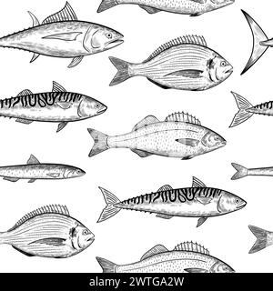 Nahtloses Muster mit Meeresfischarten. Fisch und Meeresfrüchte. Vektorillustration in schwarz-weiß-Gravurstil. Stock Vektor