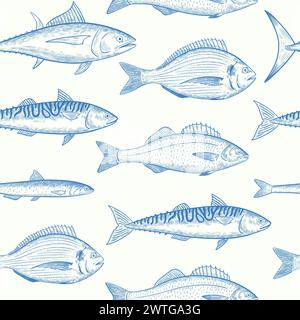 Nahtloses Muster mit Meeresfischarten. Fisch und Meeresfrüchte. Vektorillustration im Retro-Gravurstil. Stock Vektor