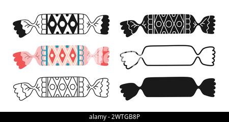 Eingewickelte Süßigkeiten mit Doodle Ornament. Bonbon mit Zeichentricksymbol, Lutscher mit Stempel, Kontur- oder Liniendudel-Süßigkeiten, Snackdesign-Set. Leckere Zucker Dessert kindliche Nahrung, gewickelte Karamell Süßigkeiten Vektor Illustration Stock Vektor