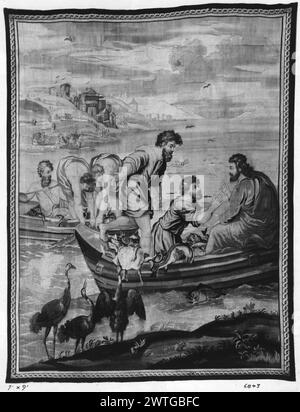 Wundersame Fische (vor der Auferstehung) am See von Gennesaret (See von Galiläa). Raphael (italienisch, 1483-1520) (entworfen nach) [Maler] ca. 1700-1725 Gobelin Abmessungen: H 9 x B 7' Gobelin Materialien/Techniken: Unbekannt Kultur: English Weaving Center: London Besitz Geschichte: Französisch & Co. Christus auf dem Boot mit SS. Simon & Peter; in einem anderen Boot, SS. James & John Helping to bring in Networks (Lukas 5,1–11) (BRD) schmales Kettendesign Tapisry Panel zeigt nur den zentralen Teil der gesamten Komposition. Die Serie „Apostelakte“ wurde von Raphael für Papst Leo X. 1515 in Auftrag gegeben Stockfoto