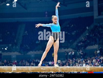 Liverpool, England, Großbritannien. März 2024. Emily ROPER im Womens Beam Final während der British Gymnastics Championships in der M&S Bank Arena in Liverpool, England. Quelle: LFP/Alamy Live News Stockfoto