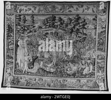 Triumph von Scipio mit Gefangenen. Reymbouts, Martin II (Niederlande (vor 1600) - Flandern, Jahrgang 1570-d.1619) (Werkstatt) [Weber] c. 1590-1610 Gobelin Abmessungen: H 10'6' x B 12'9' Gobelin Materialien/Techniken: Unbekannt Kultur: Flämisches Weberzentrum: Brüsseler Besitz Geschichte: William Gage Brady Coll. French & Co. Wurde am 15. April 1920 von Bacri Frères gekauft und am 16. Februar 1928 an James Gamble Rogers verkauft. Inschriften: Stadtzeichen auf der unteren Wache rechts; Weberzeichen auf der rechten Wache, Unterzuschauern beobachten den Prozessionspass (L & R, vorne); Prozession mit Scipio und seinen Soldaten, einige auf dem Pferd (Mitte, Stockfoto