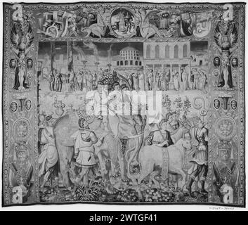 Triumph des Generals. Unbekannt ca. 1575-1600 Gobelin Abmessungen: H 11'1' x B 13'3' Gobelin Materialien/Techniken: Unbekannt Kultur: Flämisches Weberzentrum: Brügge Besitz Geschichte: French & Co. Gekauft von Henri Bendel, fakturiert am 7.12.1928. Triumphzug mit Elefanten und Ochsen, Männer tragen Lorbeerkränze, einige tragen Palmwedel oder Äxte, Figurengruppen beobachten, wie die Prozession vorbeizieht (BRD) Kampftrophäen, Gefäße, Banner und Schilde; (L & R BRD) zentrale Kartuschen mit Engelsgesichtern; (UPR BRD) Zentralkartusche mit Figurenszene flankiert von männlichen Sitzfiguren French & Co. Stock Sheet im Archiv, Stockfoto