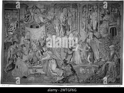 Christus als Erlöser als Kind. Unbekannt ca. 1510-1515 Wandteppich Abmessungen: H 12'1' x B 17'10' Wandteppich Materialien/Techniken: Unbekannt Kultur: Südniederländische Besitzgeschichte: Demotte Coll. Schutzkoll. French & Co. Gekauft von A. J. Kobler, Rechnungsstellung 15/1927 [SS 15406]. Verkauft an J. [Jesse] I. Strauss, n.d. [SS 31523]. Linke Seite des Wandteppichs [GCPA 0239383] Geschenk an das Museum von Frau Felix M. Warburg. Rechte Seite des Wandteppichs (GCPA 0239380:0239381) Geschenk an das Museum von Jesse I. Strauss. Usa, Massachusetts, Cambridge, Fogg Art Museum. Inschriften: Inschrift im Mittelfeld, auf Band Stockfoto