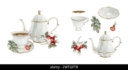 Zusammensetzung aus weißer Porzellan-Teekanne, Teetasse und Untertasse mit vergoldetem Rand, Rosen-Hüftbeeren und Blättern mit Isolaten. Viktorianischer Stil. Aquarellfarbe Stockfoto