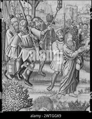 Die Qual Christi. Unbekannt ca. 1520-1530 Wandteppich Abmessungen: H 9'8' x B 7' Wandteppich Materialien/Techniken: Wolle & Seide Kultur: Südniederländische Besitzgeschichte: Herzog von Estremera Coll., Spanien. French & Co. Gekauft von Lionel Harris, Rechnungsstellung 7.12.1928; verkauft Mrs. Percy Straus 29/1928 [SS 32473]. French & Co. Gekauft von Parke-Bernet Galleries (Verkauf in Straus) 13/1945 [SS 43775]. Deutschland, Hamburg, Hamburg, Museum für Kunst und Gewerbe, accno. 1960.107/St.150. Auf dem Ölberg (Oelberg) betet Christus nachts im Garten Gethsemane in der Nähe von 3 Schlafapsoteln; Engel erscheint am Himmel Stockfoto