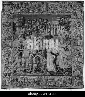 Joseph verkaufte sich in die Sklaverei und brachte ihn nach Ägypten. Unbekannt ca. 1600-1625 Gobelin Abmessungen: H 10'8' x B 11'3' Gobelin Materialien/Techniken: Unbekannt Kultur: Flämisches Weberzentrum: Unbekannt Besitz Geschichte: Französisch & CO. Gekauft von Jordanien, Rechnungsstellung 25.05.1926. Während Josephs Brüder essen, kommt die Karawane von Ismaeliten (Midianiten) Händlern vorbei und Joseph wird für 20 Silberstücke verkauft (1. Mose 37,12-35). im Hintergrund fängt Potiphars Frau, die versucht, Joseph zu verführen, ihn mit seinem Gewand und als er entkommt, lässt er seinen Mantel in ihren Händen zurück (1. Mose 37:36, 39:1-20) (BRD) segmentierte Grenze W Stockfoto