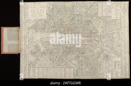 Nouveau Plan routier de la ville et faubourgs de Paris, Divisé en douze mairies, 1808. 1808 "Tabelle alphabétique des rues" am linken und rechten Rand, indiziert in Quadraten auf dem Plan, die horizontal A-I, K-L und vertikal 1-9 gekennzeichnet sind. Titelbereich oben links. Tabelle alphabétique des rues qui ont changé de noms unten rechts. Grenzen der Mairies in Farbe. An der Kartonabdeckung mit eingraviertem Titelzettel: Plan de Paris. Skala nicht angegeben (ca. 1:12.500) E 2°21' / N 48°54. Stockfoto