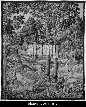 Wildpark mit Jägern auf dem Pferd und Wachpersonal. Unbekannt ca. 1580-1600 Gobelin Materialien/Techniken: Unbekannt Kultur: Flämisches Weberzentrum: Brüssel Eigentumsgeschichte: French & Co. Von John Magnin (zur Gutschrift) erhalten, fakturiert am 16.03.1928; verkauft an Frank Edson am 6.2.1920. Stockfoto