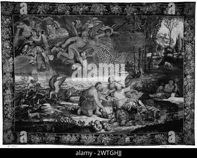 Szene. Mignard, Pierre I (Französisch, 1612-1695) (entworfen nach) [Maler] ca. 1700-1720 Gobelin Abmessungen: H 9'9' x B 13' Gobelin Materialien/Techniken: Unbekannt Kultur: English Weaving Center: London Besitz Geschichte: French & Co. Erhalten von Frau Nathan Brill, fakturiert am 28.2.1928; zurückgesendet von der Konsignation 11.12.1928. Die wehende Figur am Himmel kommt am Meer [Neptun (Poseidon) ohne Dreizack?] (L der Mitte, oben), weibliche Figur liegt neben dem Mann in der Nähe des Feuers, Löwenhäute und Kürbisse (Mitte, Vordergrund), Mann im Wagen in Wolken (R, oben) (BRD) Strang von Blumen und Früchten 'Galerie von Stockfoto